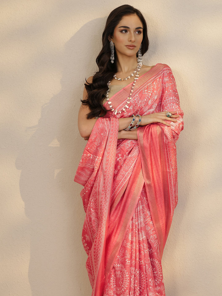 Coral Tribal Printed Silk Blend Saree With Unstitched Blouse Piece