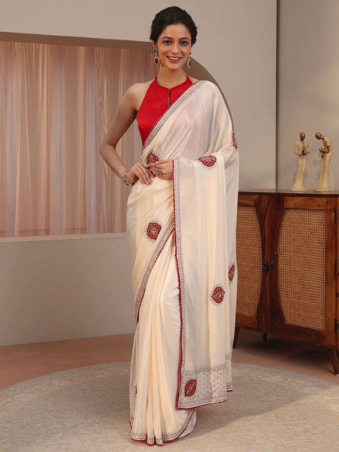 Cream Applique Embellished Chiffon Saree