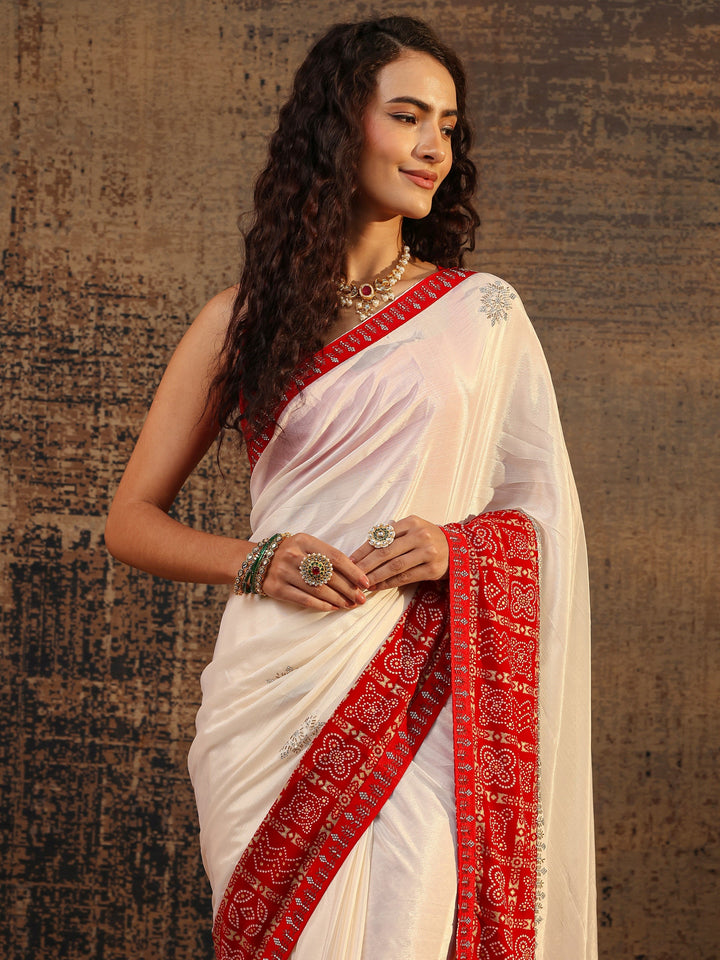 Cream Bandhani Embellished Silk Blend Saree With Unstitched Blouse Piece