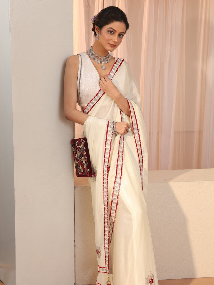 Cream Chiffon Saree With Embellished Applique