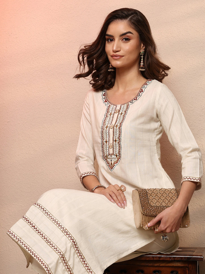 Cream Embellished Silk Blend Straight Kurta