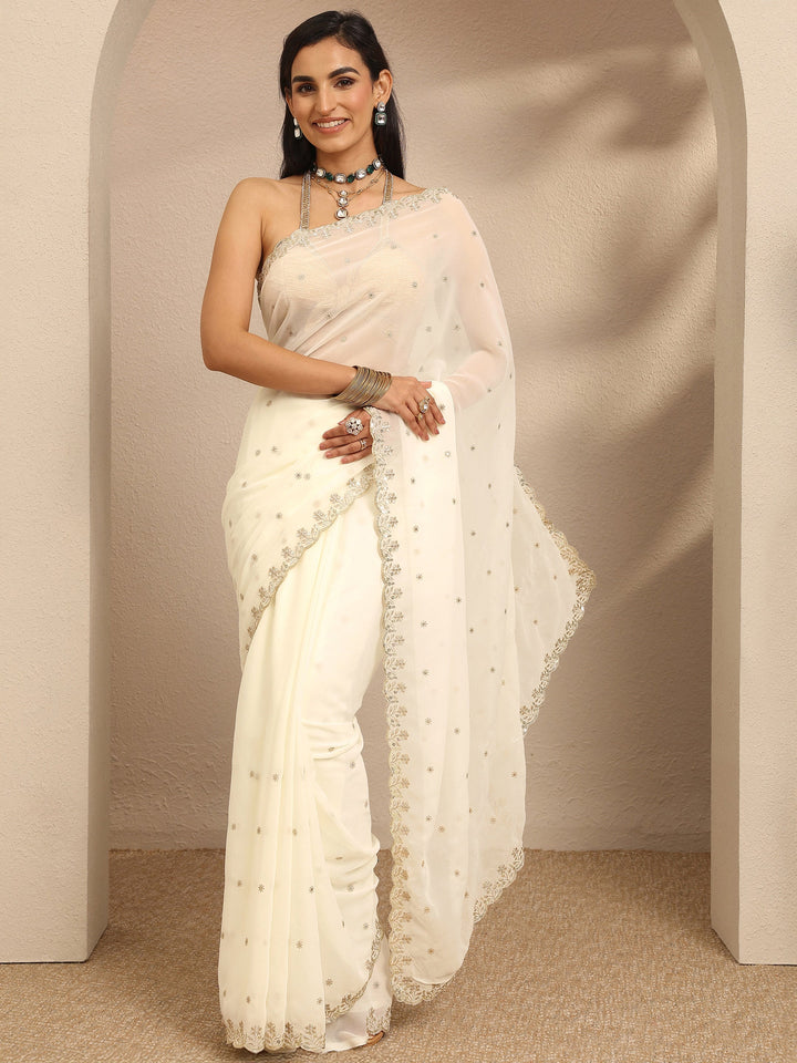 Cream Embroidered Georgette Saree With Unstitched Blouse Piece