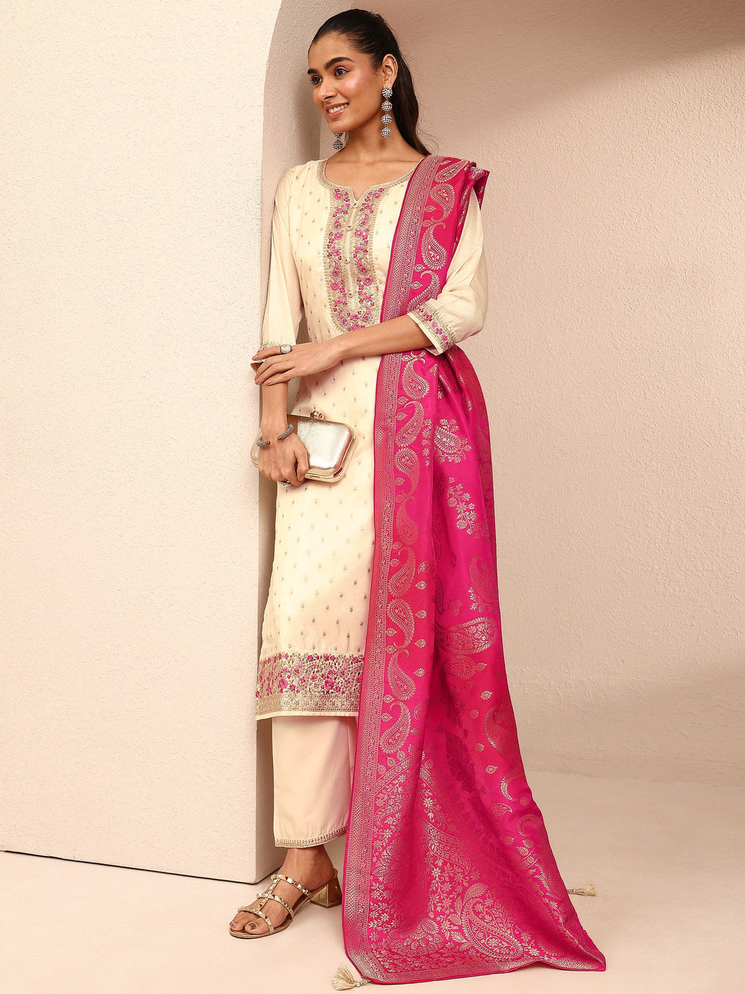 Cream Embroidered Silk Blend Straight Suit Set With Dupatta