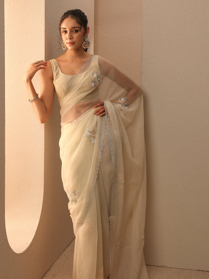 Libas Cream Floral Embellished Tissue Saree