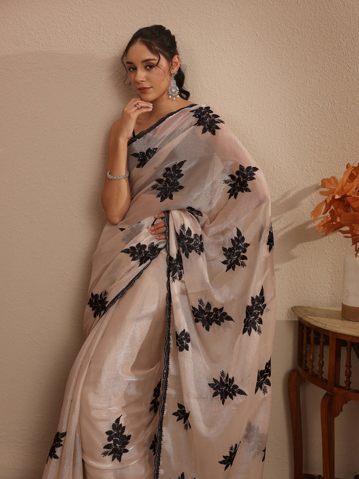 Libas Cream Floral Embroidered Organza Saree