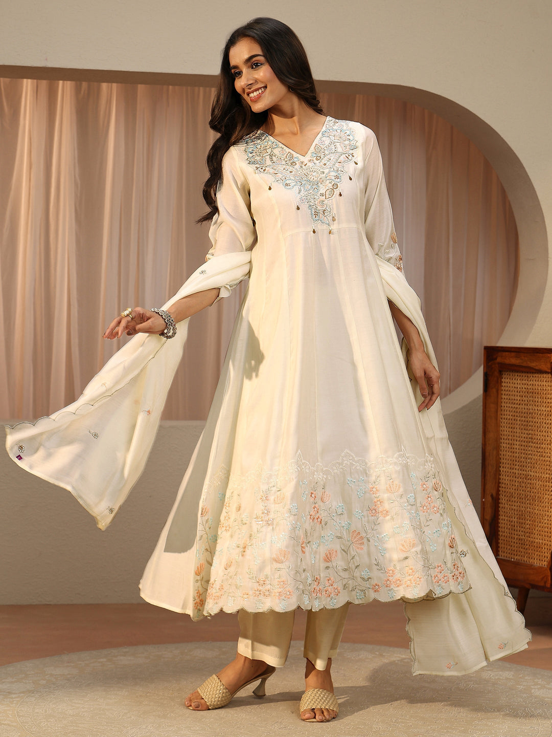 Ivory Floral Embroidered Silk Blend A-line Suit Set