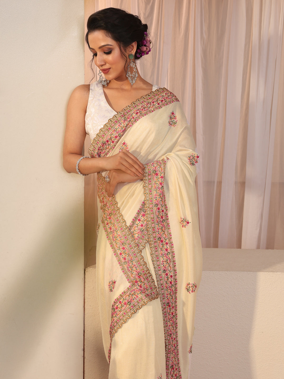 Cream Floral Embroidered Silk Blend Saree