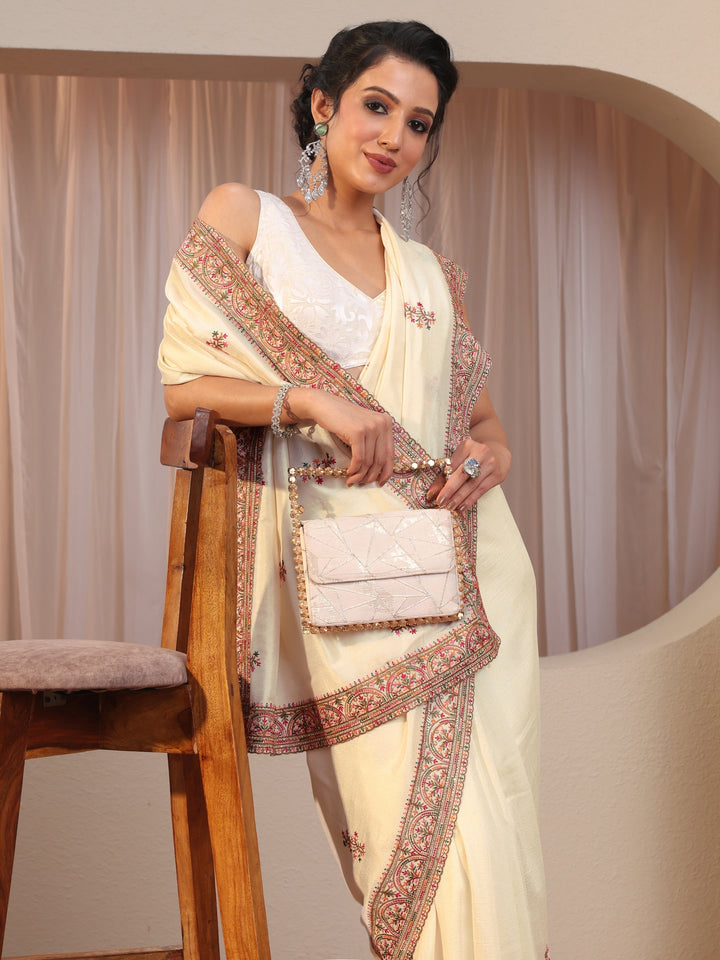 Cream Floral Embroidered Silk Blend Saree