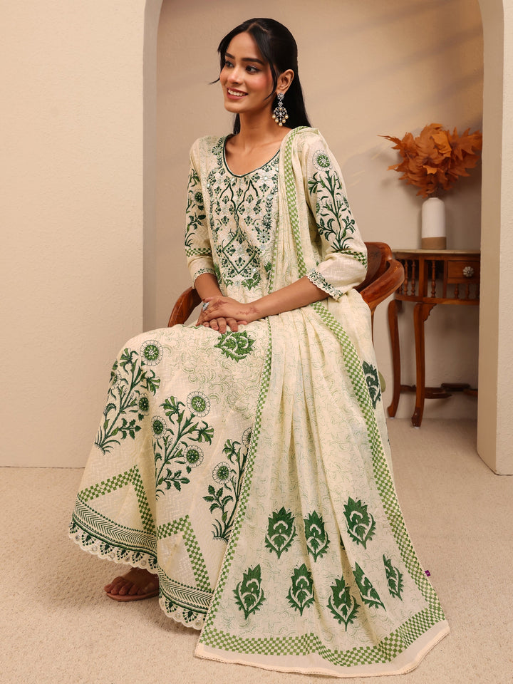 Libas Cream Floral Printed Cotton Anarkali Suit Set