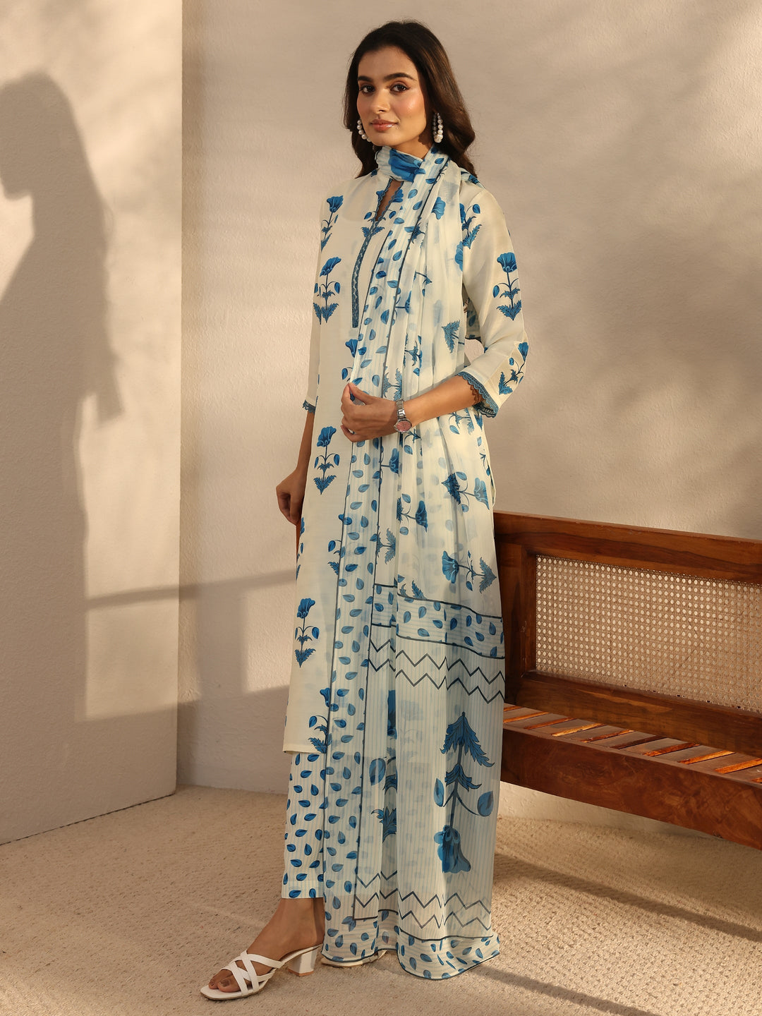 Cream Floral Printed Cotton Blend Straight Suits Set With Dupatta