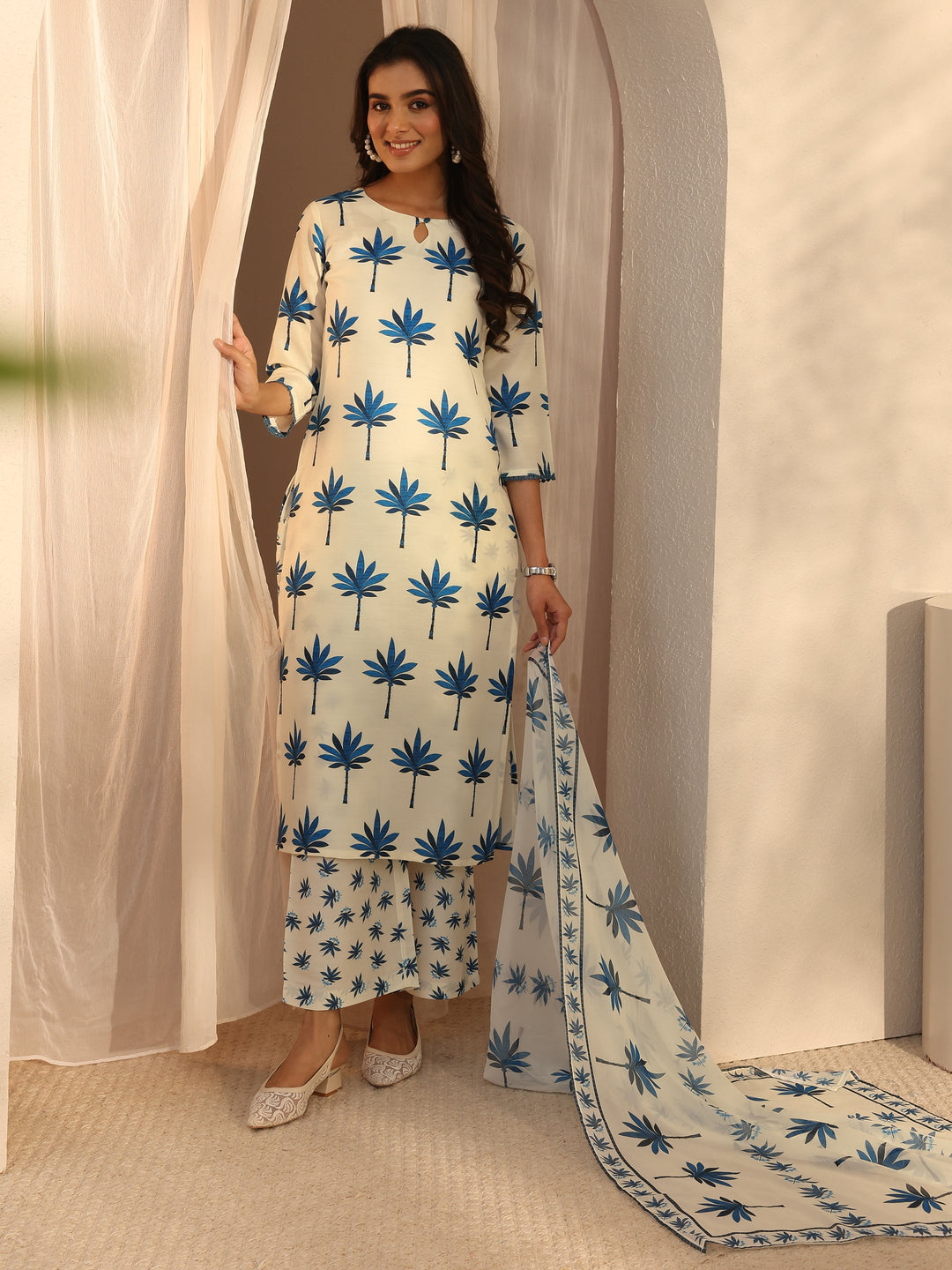Cream Floral Printed Cotton Blend Straight Suits Set With Dupatta