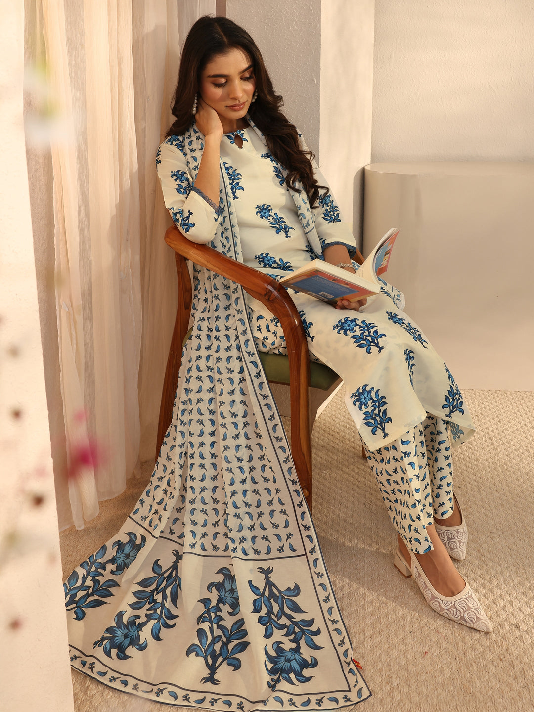 Cream Floral Printed Cotton Blend Straight Suits Set With Dupatta