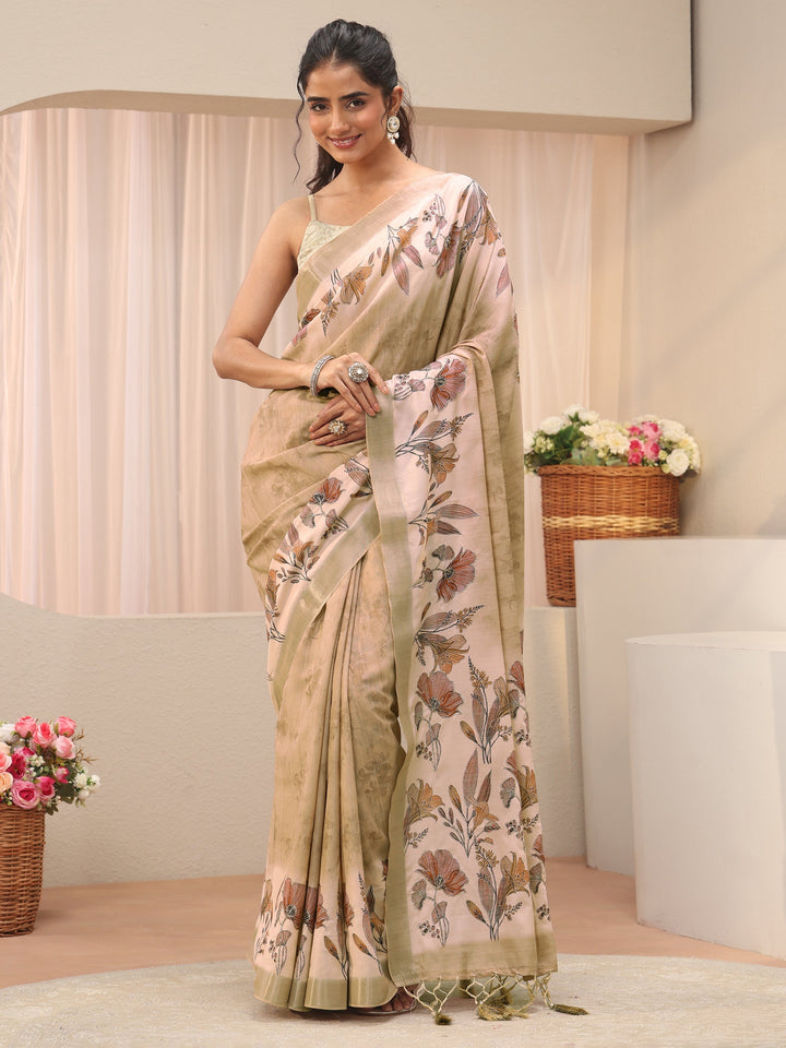 Cream Floral Printed Silk Blend Saree