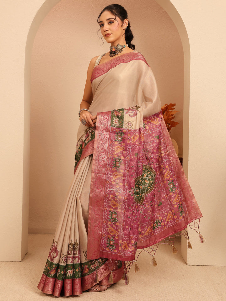 Libas Cream Patola Border Silk Blend Saree