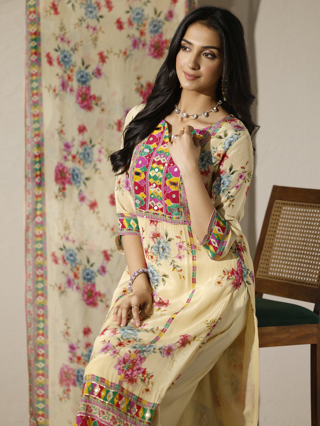 Cream Printed Chinon Straight Suit Set With Dupatta