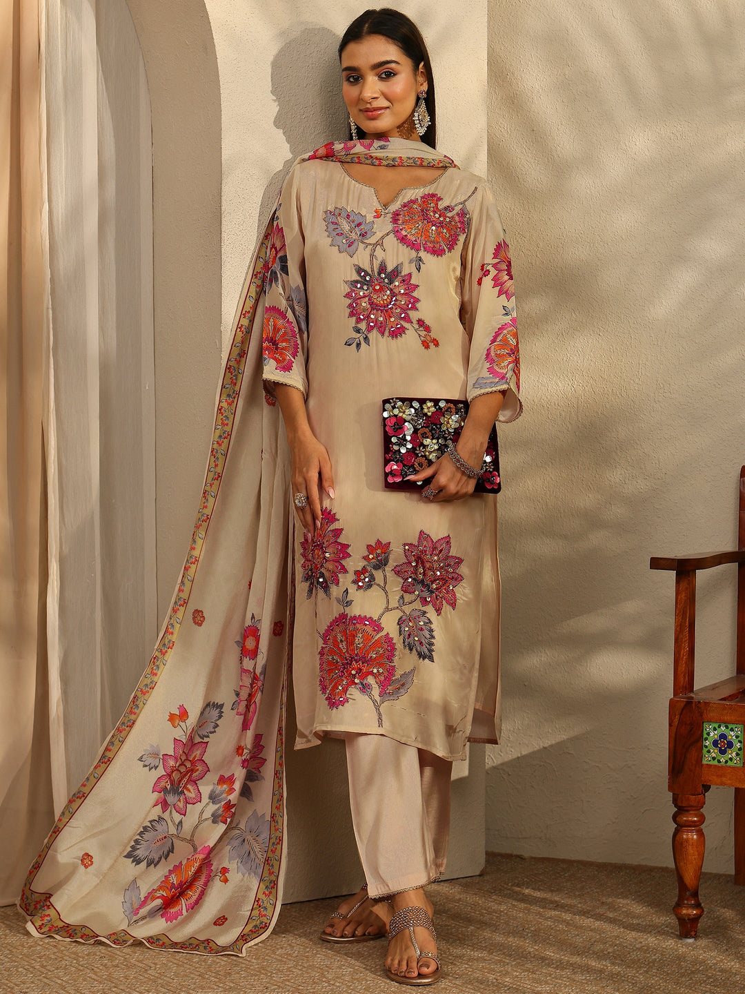 Cream Printed Crepe Straight Suit Set With Dupatta
