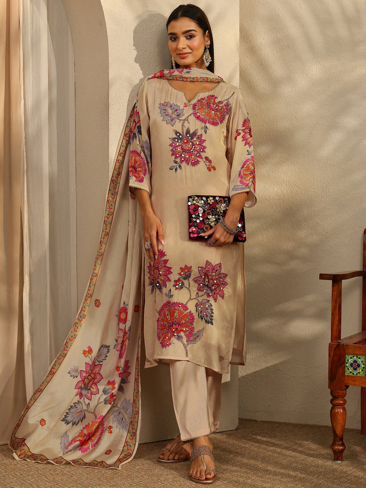 Cream Printed Crepe Straight Suit Set With Dupatta
