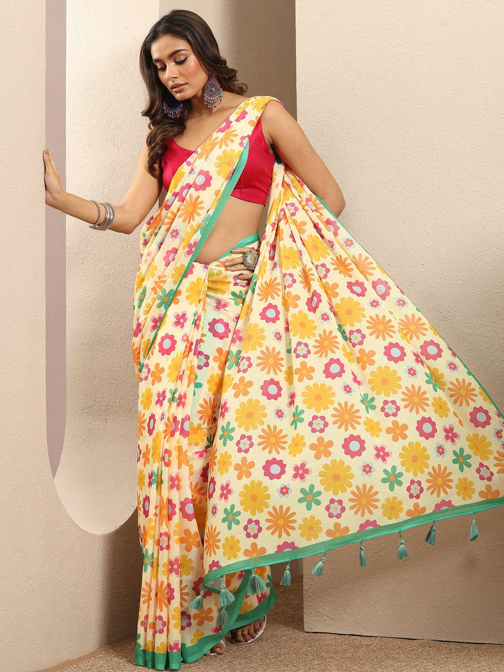 Cream Printed Georgette Saree With Unstitched Blouse Piece
