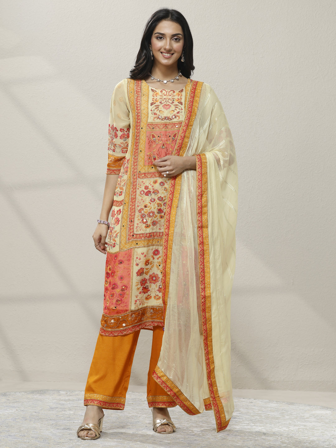 Cream Printed Organza Straight Suit Set With Dupatta