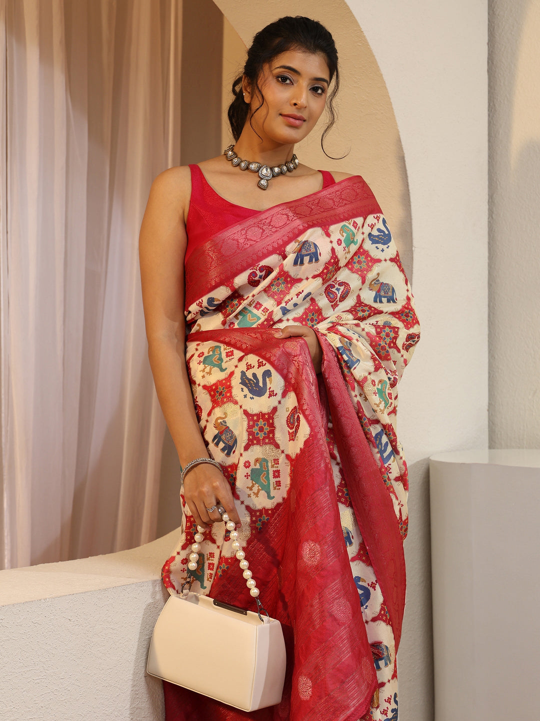 Cream Printed Silk Blend Patola Saree
