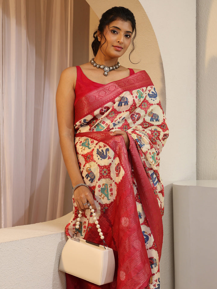 Cream Printed Silk Blend Patola Saree
