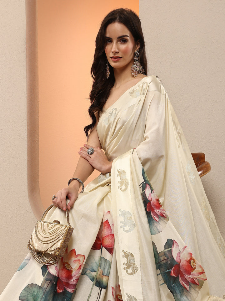 Cream Printed Silk Blend Saree With Unstitched Blouse Piece