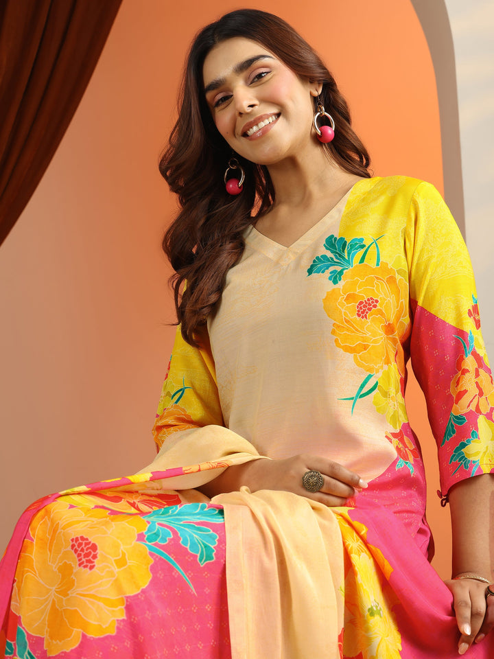 Cream Printed Silk Blend Straight Suit Set With Dupatta