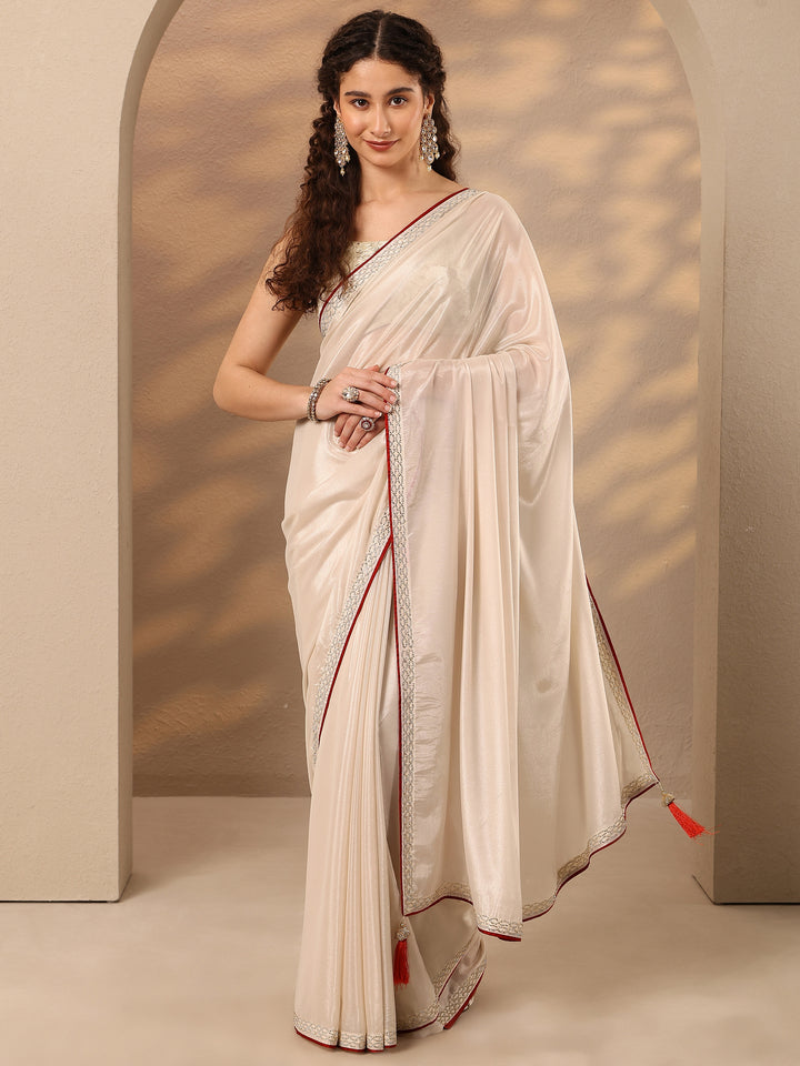 Cream Solid Silk Blend Saree With Unstitched Blouse Piece