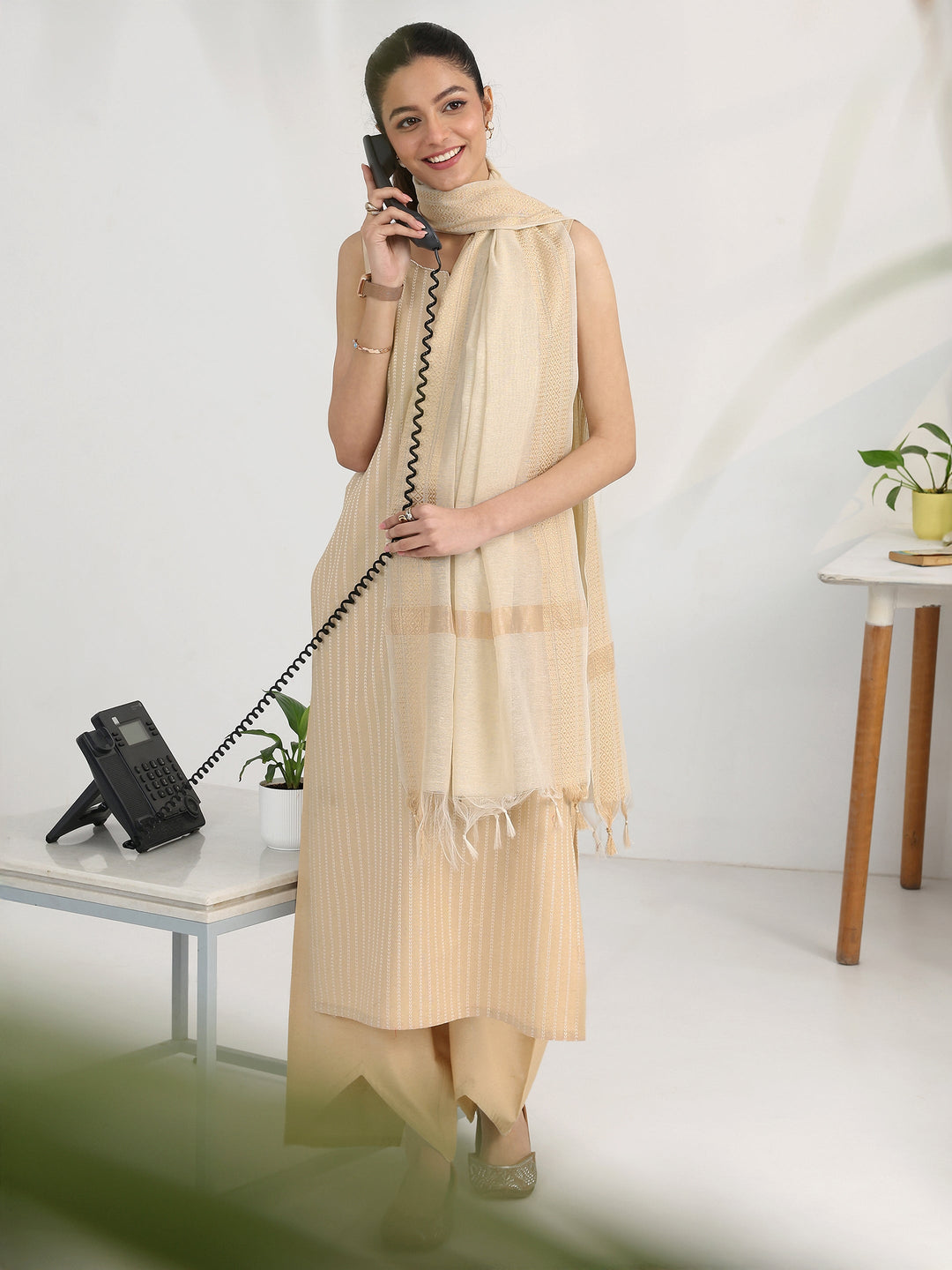 Cream Striped Woven Design Cotton Blend Straight Suit Set With Dupatta