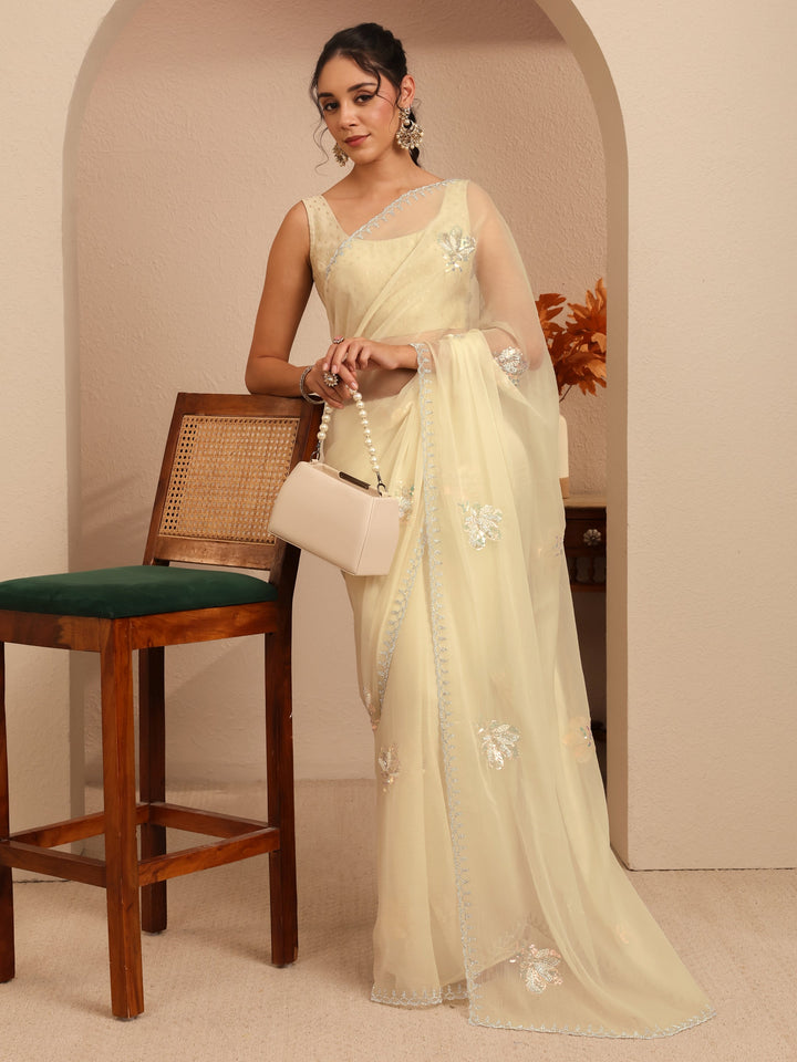 Libas Cream Tissue Saree