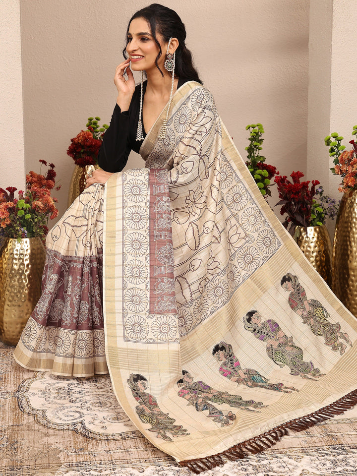 Cream Tribal Printed Silk Blend Saree With Unstitched Blouse Piece
