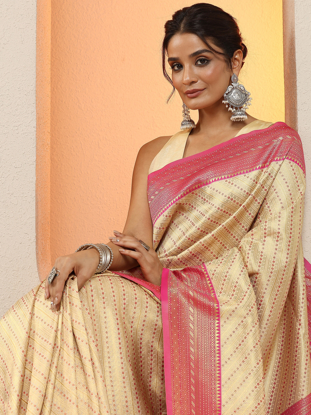 Cream Woven Design Silk Blend Sarees With Unstitched Blouse Piece
