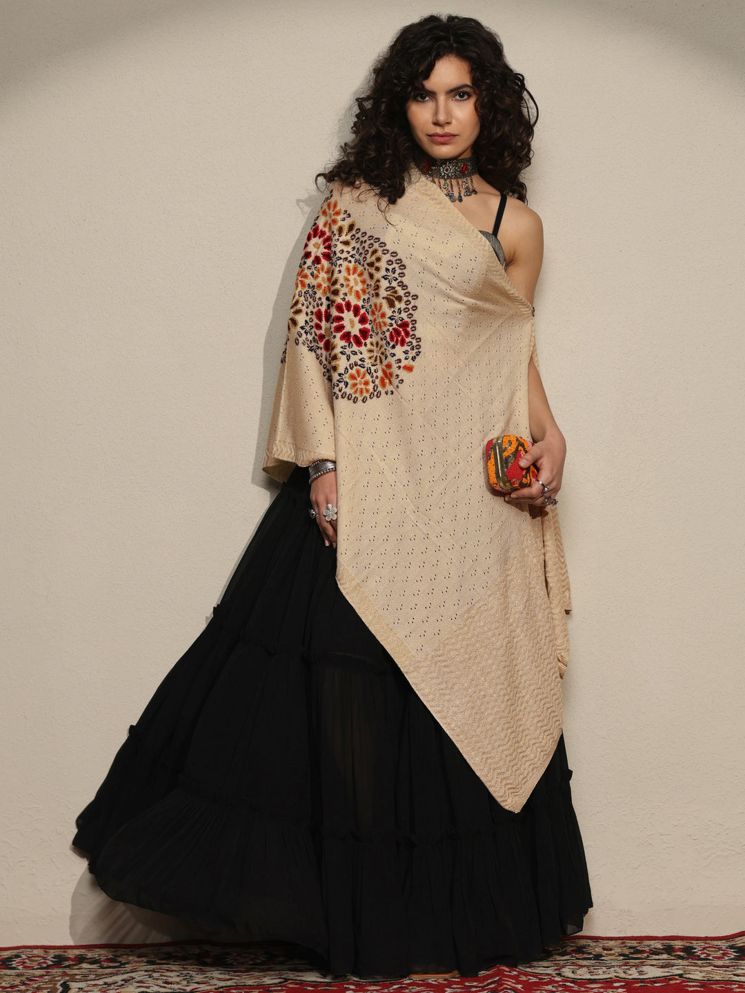 Cream Woven Design Wool Women's Shawl