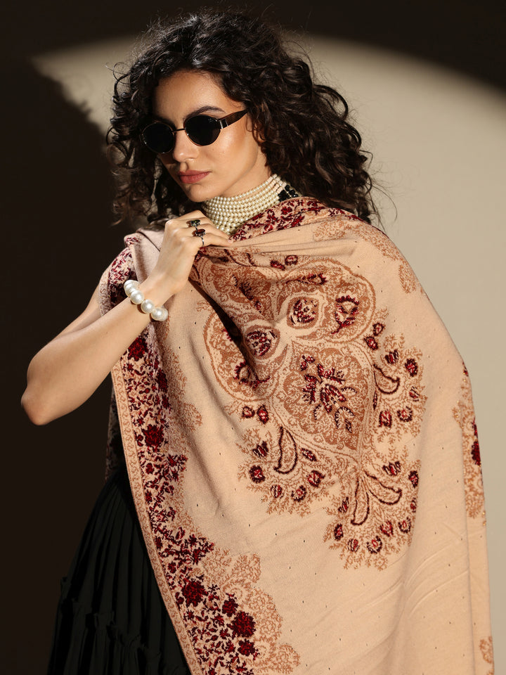 Cream Woven Design Wool Women's Shawl