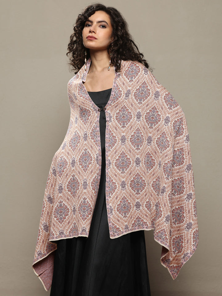 Cream Woven Design Wool Wrap Shawl