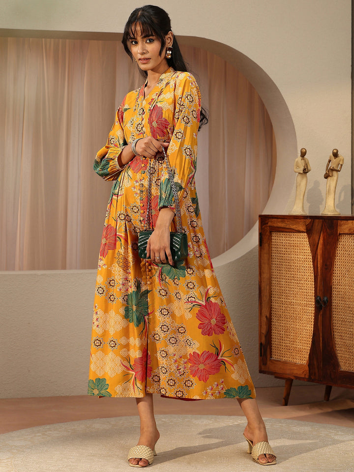 Daffodil Yellow Floral Printed Silk Blend Empire Dress