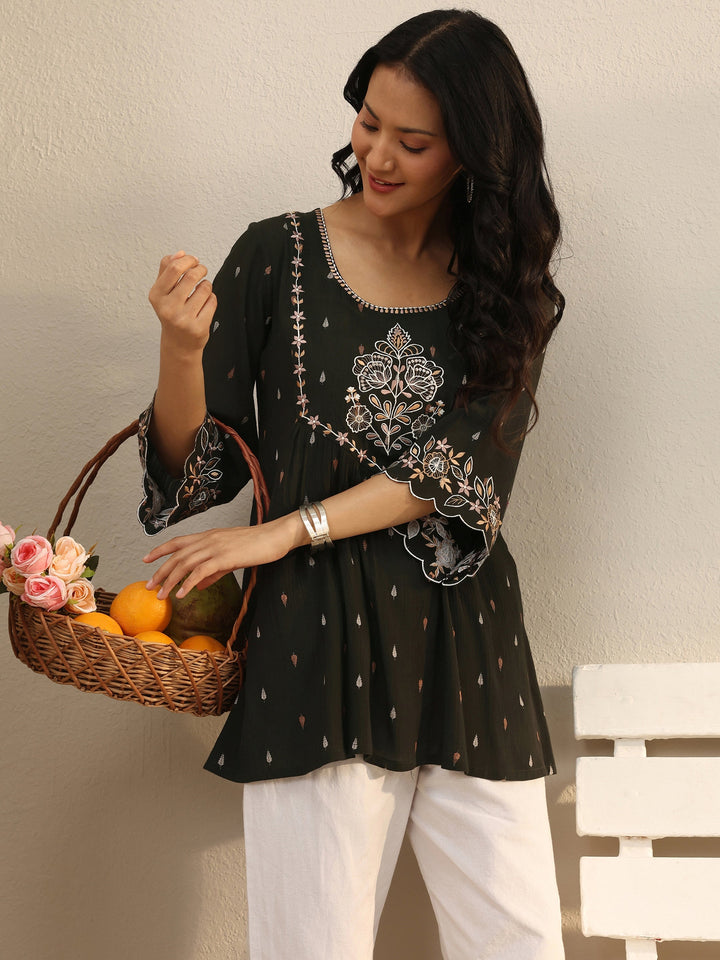 Dark Green Floral Embroidered Rayon A-Line Short Kurti
