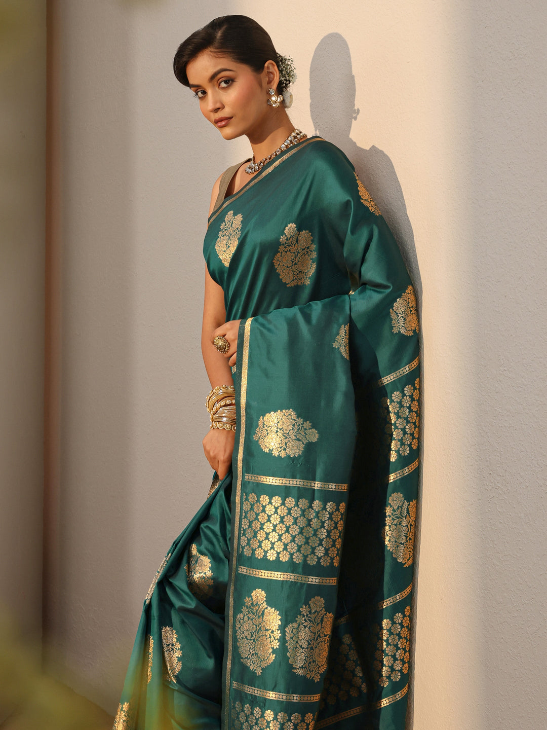 Dark Green Kanjeevaram Silk Blend Saree