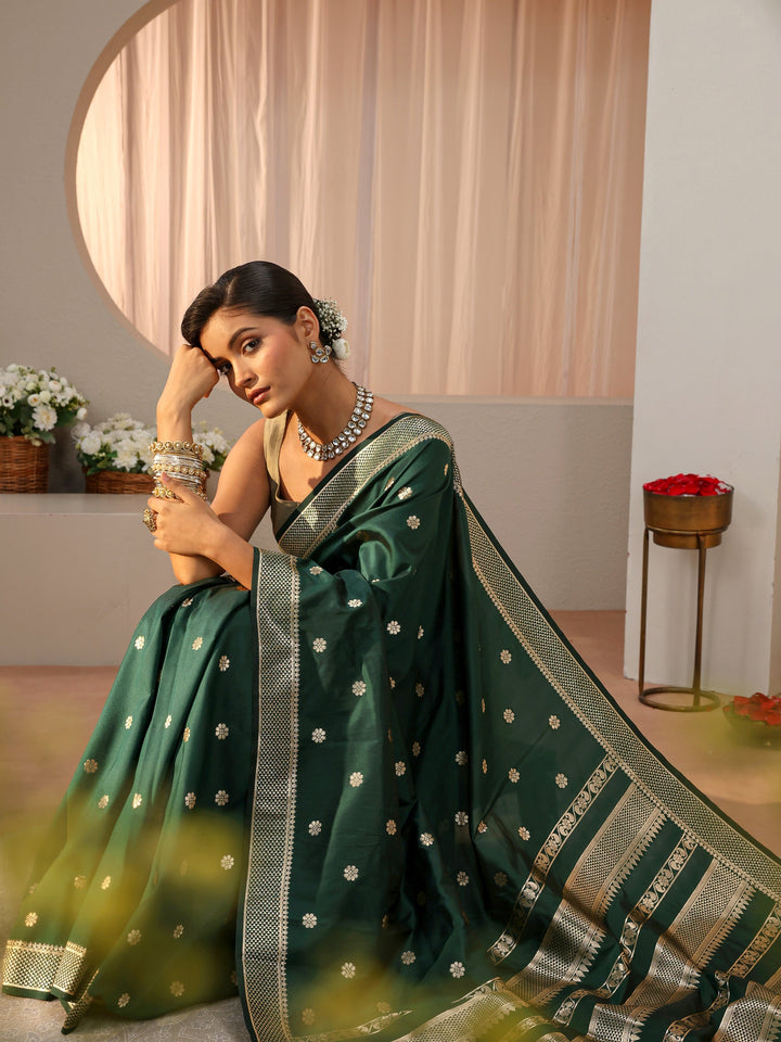 Dark Green Kanjeevaram Silk Blend Saree
