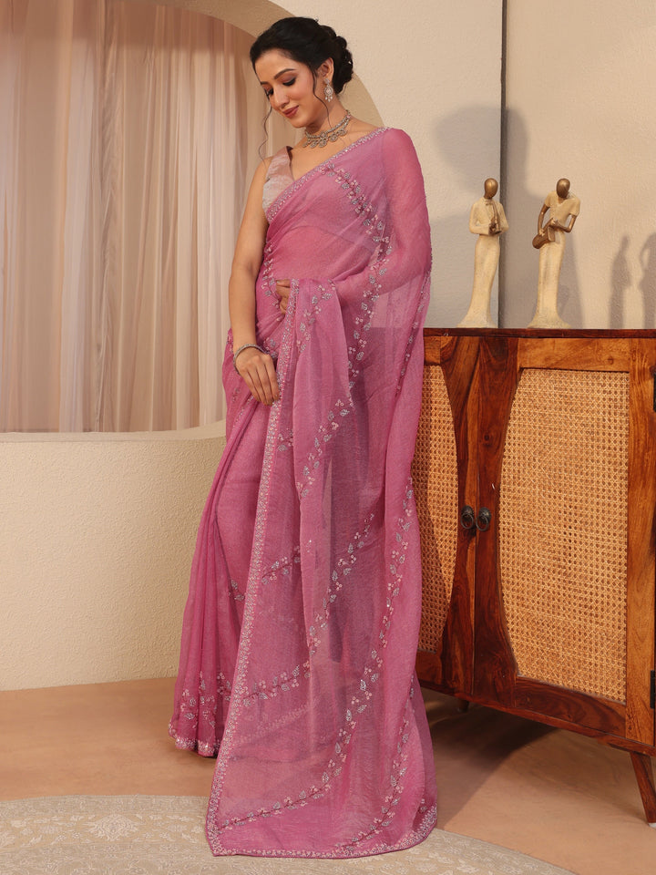 Dusty Pink Embellished Tissue Saree