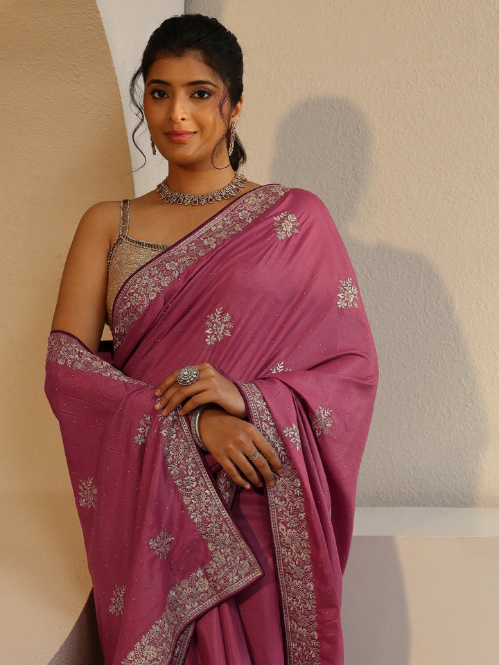 Dusty Pink Floral Embroidered Silk Blend Saree