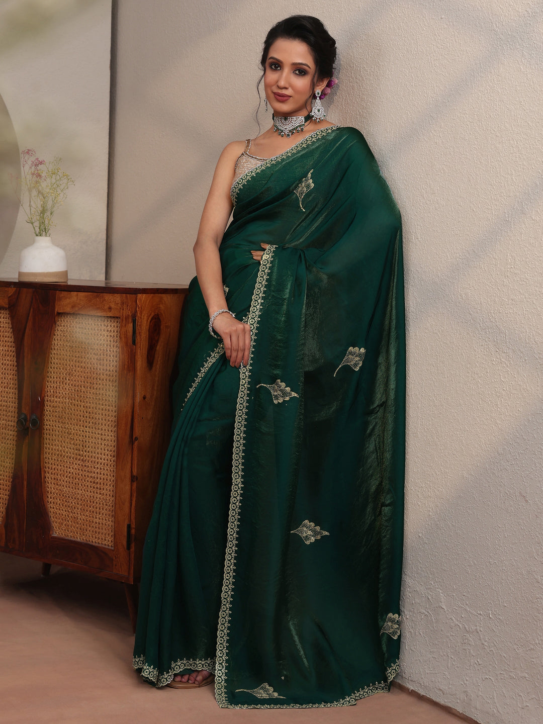 Emerald Green Tissue Saree With Embellished Leaf Motifs