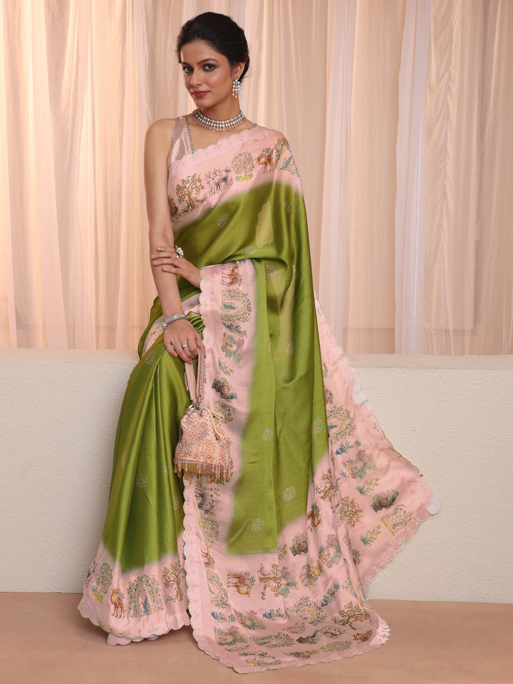 Fern Green Chiffon Saree Wth Printed Border