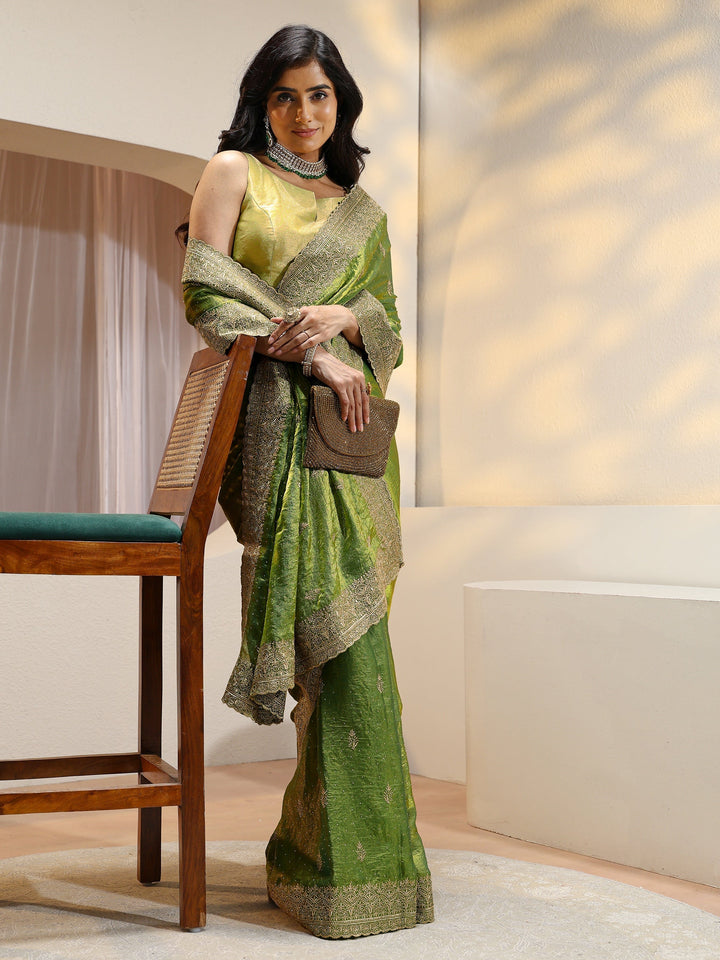 Fern Green Floral Embroidered Tissue Saree