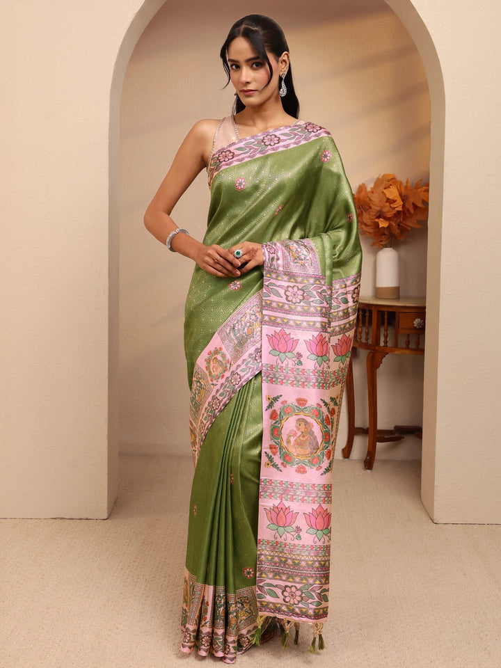 Libas Fern Green Madhubani Print Silk Blend Saree