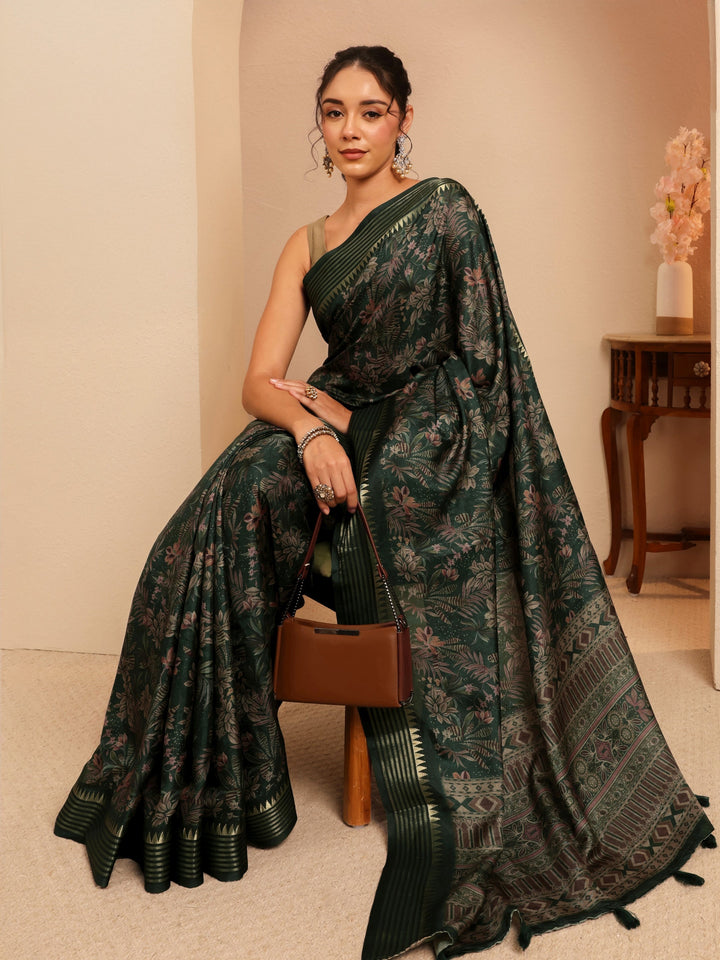 Libas Forest Green Floral Printed Silk Blend Saree