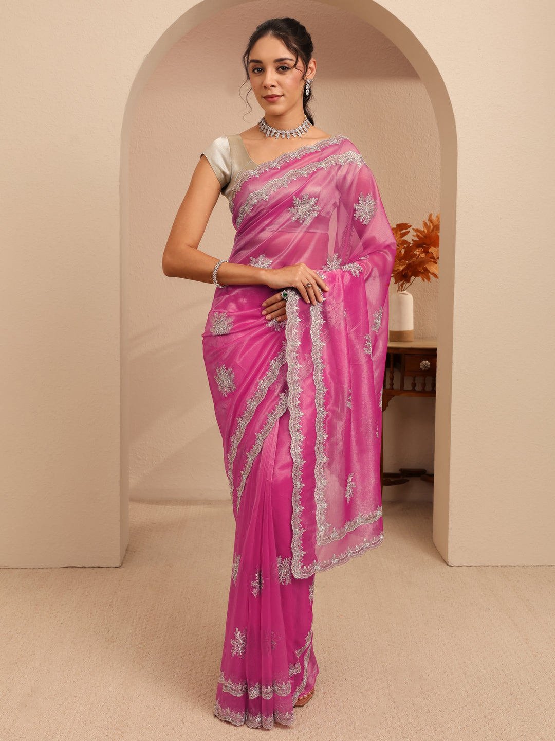 French Pink Floral Embellished Net Saree