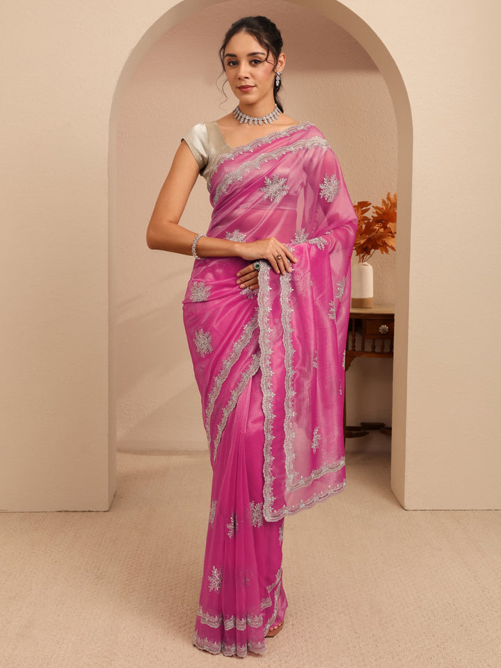 Libas French Pink Floral Embellished Net Saree