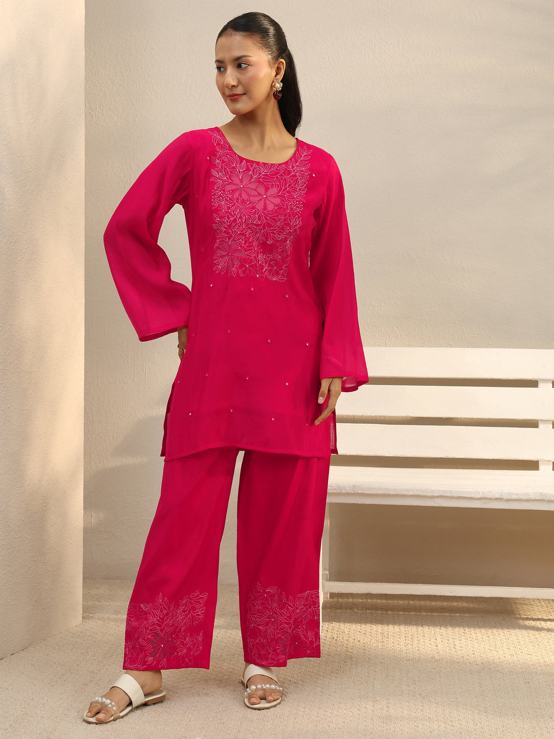 Fuchsia Pink Floral Embroidered Chanderi Silk Co-Ord Set