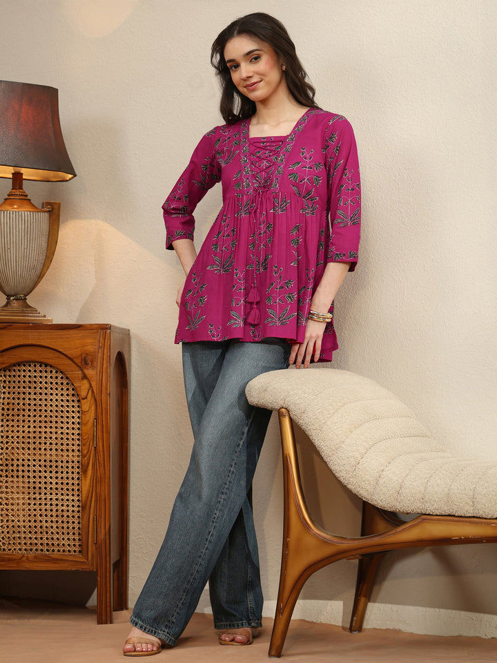 Fuchsia Pink Printed Cotton Peplum Top